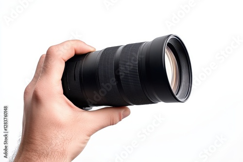 Hand Grasping Photography Lens Against Clean White Backdrop