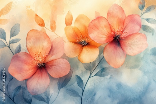 Wallpaper Mural Watercolor floral art peach blossoms serene beauty delicate flowers soft hues artistic painting botanical illustration nature art flower painting Torontodigital.ca