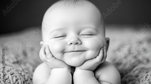 Cute Baby Smiling with Hands on Cheeks in Soft Lighting