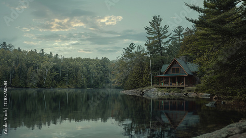 A solitary lakeside cabin nestled among trees, with reflections of forest and sky in its windows, embodying peace.