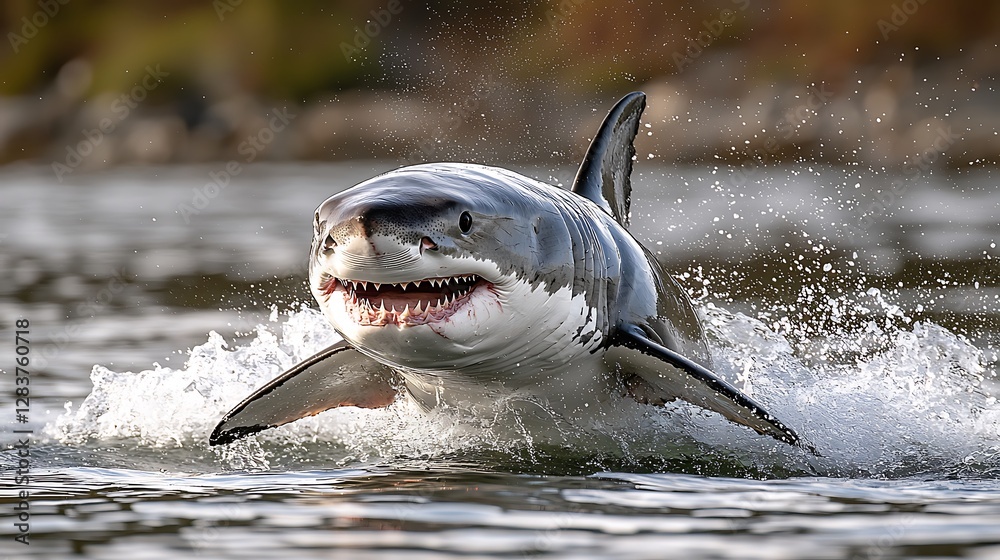 Fototapeta premium Great white shark splashes water during attack in sea, ocean background, for wildlife biology study, use