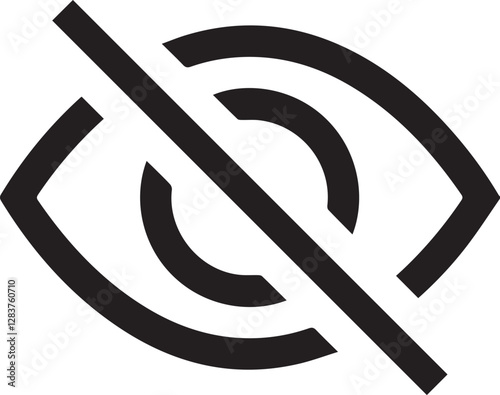 minimalist icon, eye symbol with slash, black and white, graphic design, visibility off, privacy concept, simple lines, bold contrast, vector illustration,