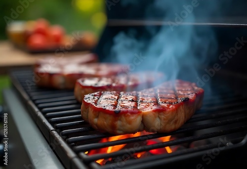 Steaks are perfectly grilled on the barbecue, releasing savory aromas in the air. Friends are gathered outside to enjoy a summer evening filled with delicious food and good company
