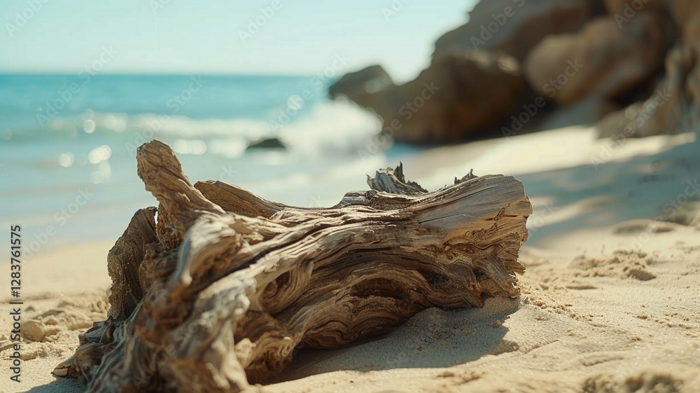 A beautifully weathered piece of driftwood rests on soft sandy shores, artistically molded by the relentless power of ocean waves. A beautifully weathered piece of driftwood rests on soft sandy shores, artistically molded by the relentless power of ocean waves.