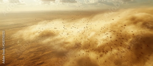 A dramatic sandstorm sweeps across a vast desert landscape, enveloped in a golden haze under a cloudy sky, evoking power and mystery.