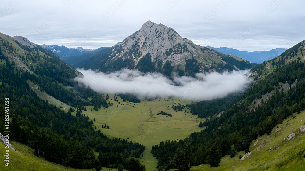 Fototapeta premium Majestic mountain peak valley fog landscape, scenic view, travel postcard