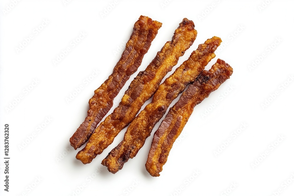 crispy fried bacon strips on a stark white background rich goldenbrown tones sizzling texture warm appetizing glow realistic foodie style bold savory mood simple clean layout crispy fried bacon strips on a stark white background rich goldenbrown tones sizzling texture warm appetizing glow realistic foodie style bold savory mood simple clean layout