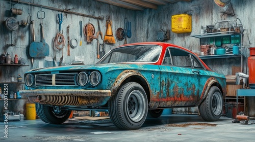 Vintage Blue and Red Car in a Rustic Workshop Setting
