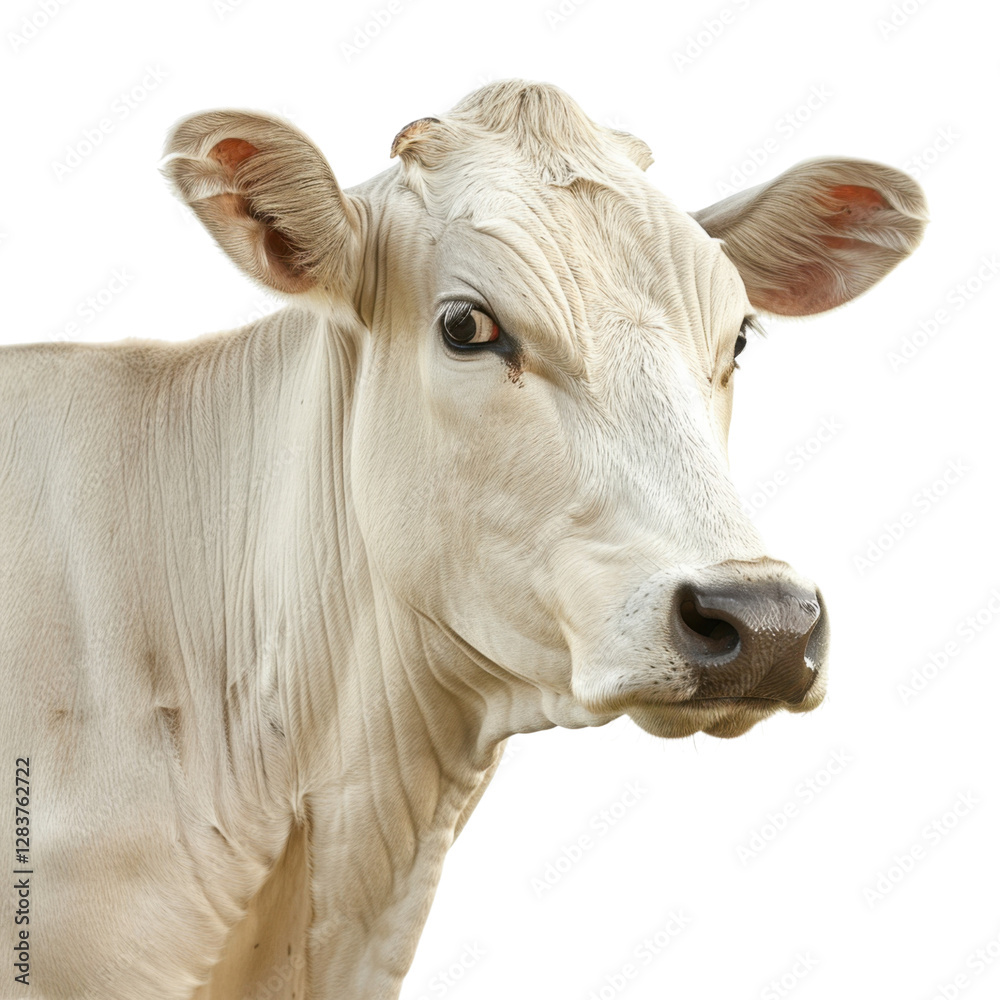 close up of white cow with calm expression, showcasing its features and texture. image highlights animal gentle nature and unique characteristics