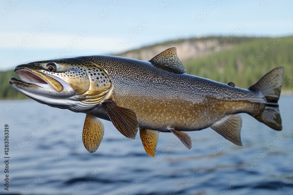 Obraz premium Gigantic Lake Trout Caught in Swedish Waters: A Summer Fishing Trophy for Adventure Seekers