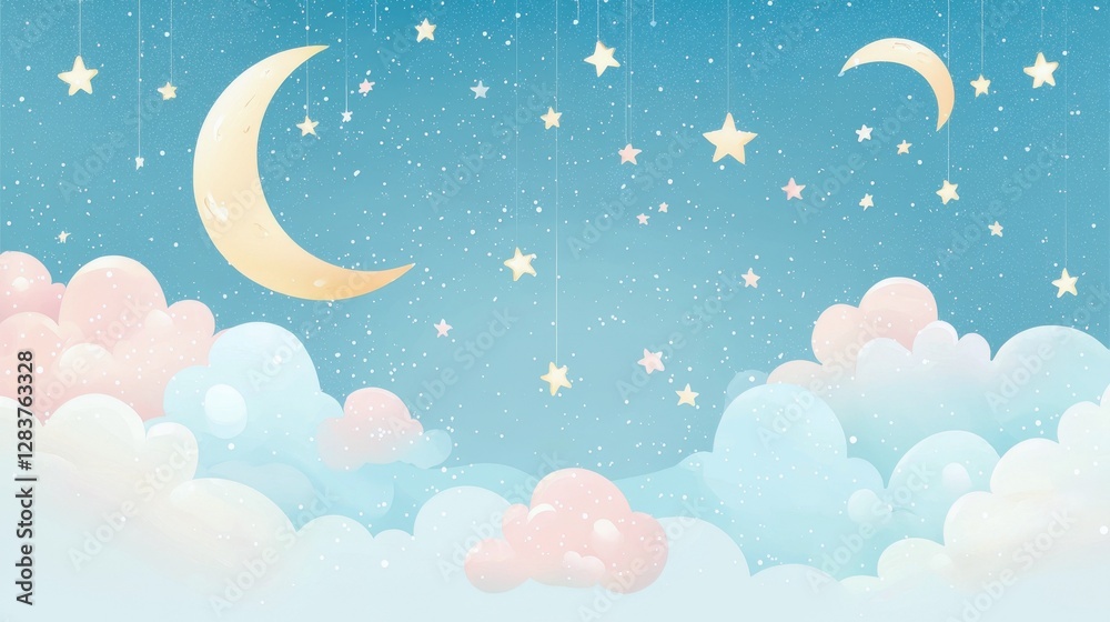 Fototapeta premium Night sky with stars and clouds in a magical fantasy scene with a cute background