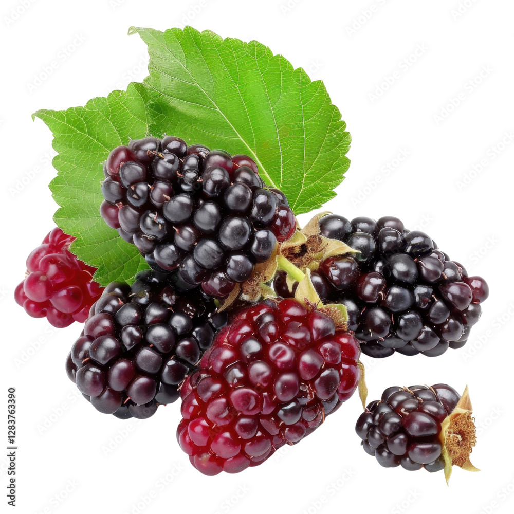 Fresh blackberries and raspberries with green leaves Fresh blackberries and raspberries with green leaves
