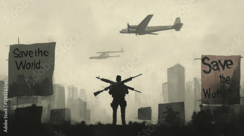 Save the world cartoon posters, man demonstrator with crossed gun banner stand alone on cityscape background with military airplanes flying in dull sky, riot or protest against war vector illustration