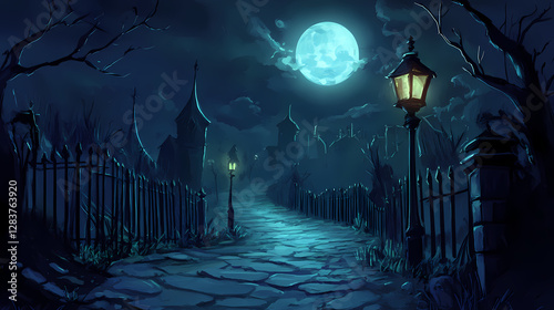Moonlit path nighttime lane with glowing lamps and fence. Eerie Moonlit Alleyway. Illustration