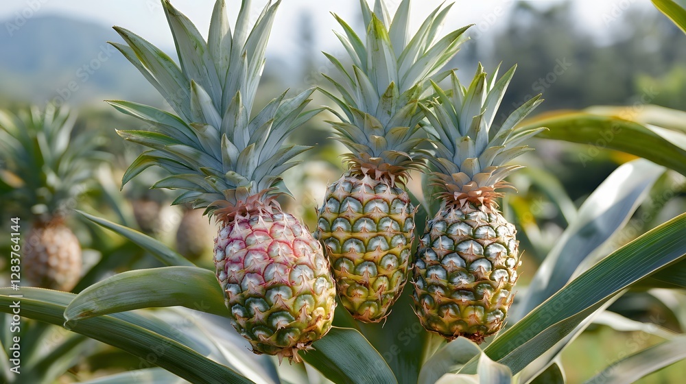 Obraz premium Pineapple tree with a bunch of growing mature Pineapple