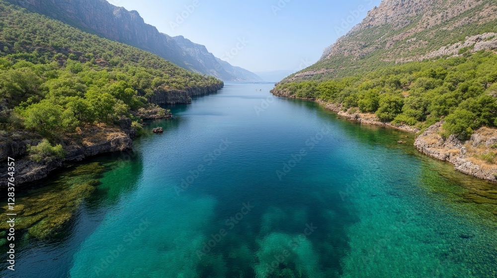 Serene Coastal Landscape with Calm Waters and Lush Greenery Serene Coastal Landscape with Calm Waters and Lush Greenery