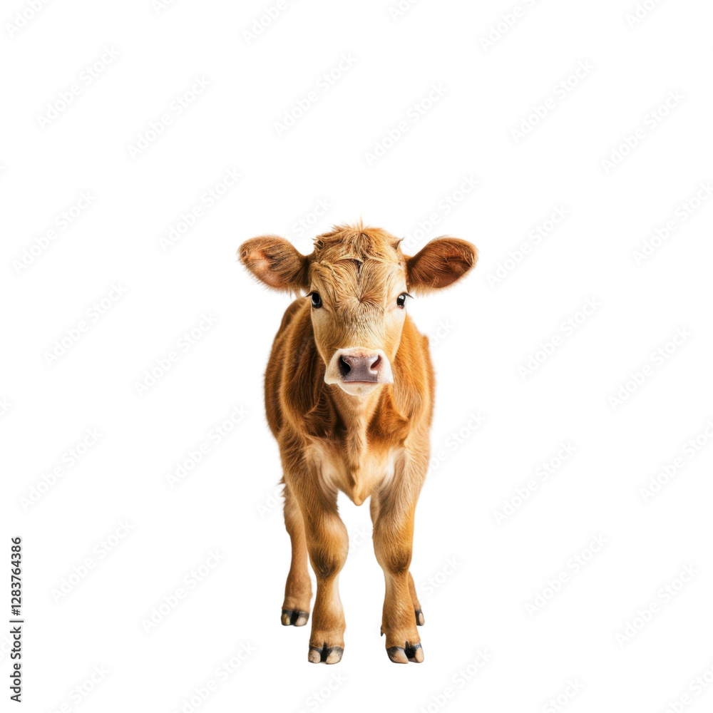 young brown calf standing upright, looking directly at camera with curious expression. background is plain, emphasizing calf features and fur texture young brown calf standing upright, looking directly at camera with curious expression. background is plain, emphasizing calf features and fur texture