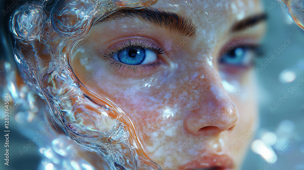 Female model face close-up, moisturized, water splash, cosmetic model, close up of a face of a woman with a blue eyes Female model face close-up, moisturized, water splash, cosmetic model, close up of a face of a woman with a blue eyes