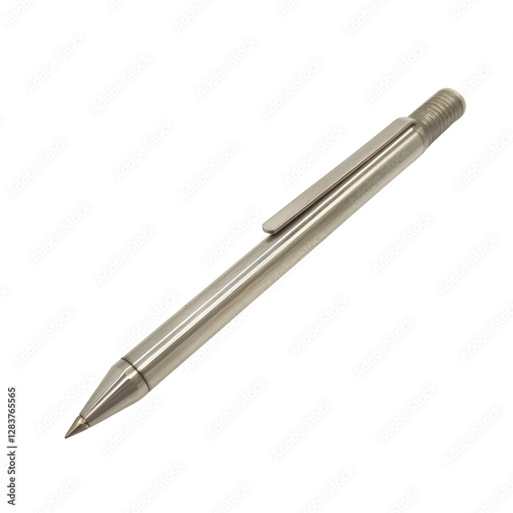 Sleek silver metal pen with clip and pointed tip, ideal for writing. This elegant design adds touch of sophistication to any desk or office setting Sleek silver metal pen with clip and pointed tip, ideal for writing. This elegant design adds touch of sophistication to any desk or office setting