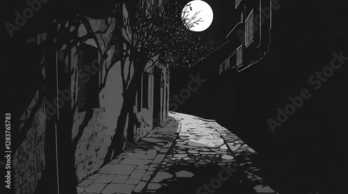Shadows loom large in an alley steeped in suspense. Eerie Moonlit Alleyway. Illustration