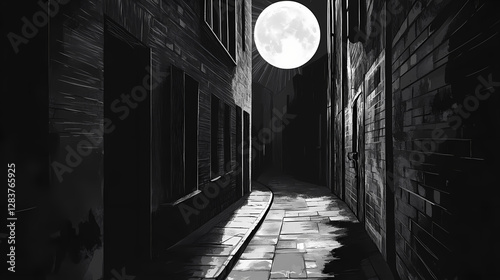 Shadows loom large in an alley steeped in suspense. Eerie Moonlit Alleyway. Illustration