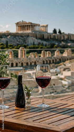 Savoring red wine with a view of the Acropolis in Athens during sunset hours