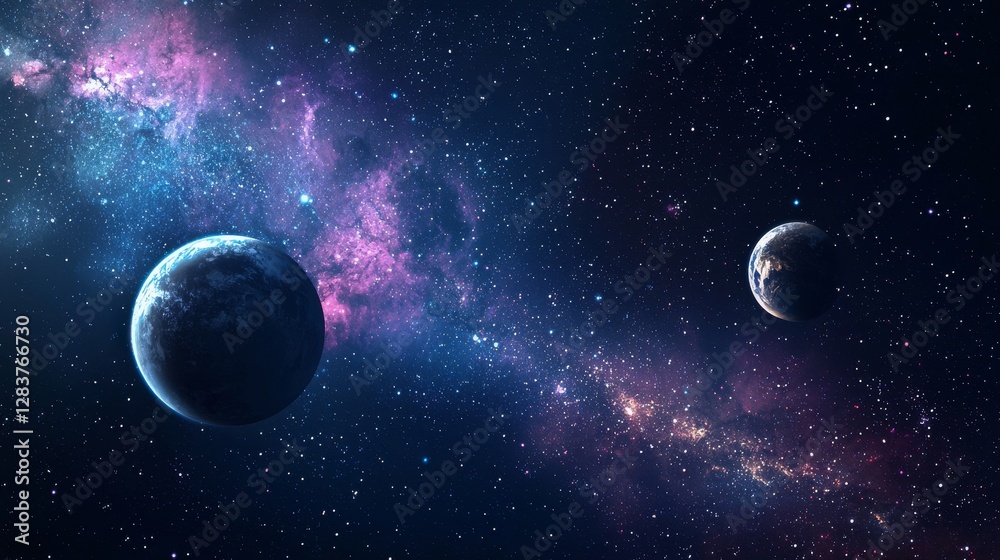 Obraz premium Space scene featuring multiple planets and stars in a dark cosmic background