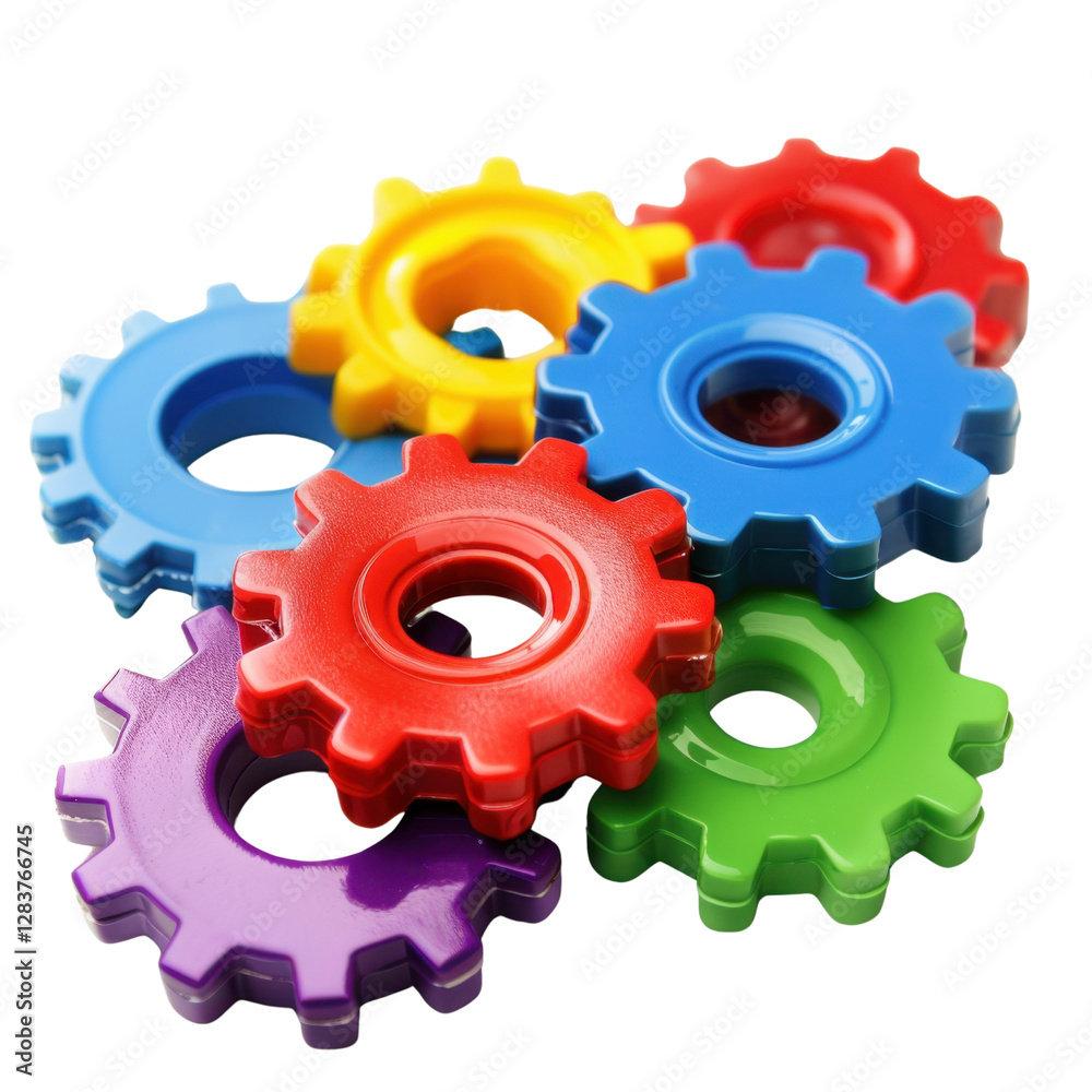 Colorful plastic gears stacked together, showcasing vibrant hues of red, blue, yellow, green, and purple. These playful shapes evoke creativity and fun in educational settings Colorful plastic gears stacked together, showcasing vibrant hues of red, blue, yellow, green, and purple. These playful shapes evoke creativity and fun in educational settings
