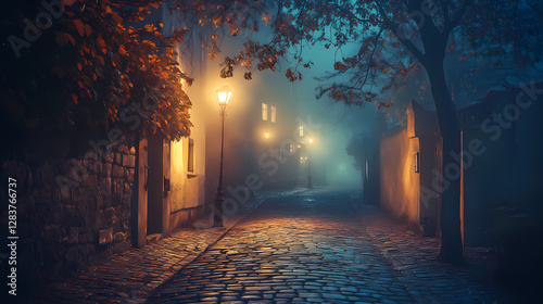 Whimsical twilight alleys foggy cobblestone streets antique vintage ornate mystical moonlit baroque architecture mysterious nostalgia soft warm golden hour. Eerie Moonlit Alleyway. Illustration