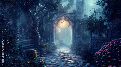 Whimsical twilight alleys foggy cobblestone streets antique vintage ornate mystical moonlit baroque architecture mysterious nostalgia soft warm golden hour. Eerie Moonlit Alleyway. Illustration