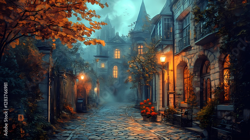Whimsical twilight alleys foggy cobblestone streets antique vintage ornate mystical moonlit baroque architecture mysterious nostalgia soft warm golden hour. Eerie Moonlit Alleyway. Illustration