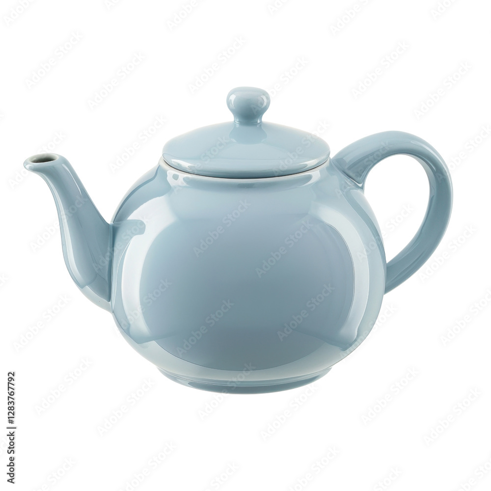 Fototapeta premium light blue ceramic teapot with smooth finish and round body, featuring lid and curved spout, perfect for serving tea