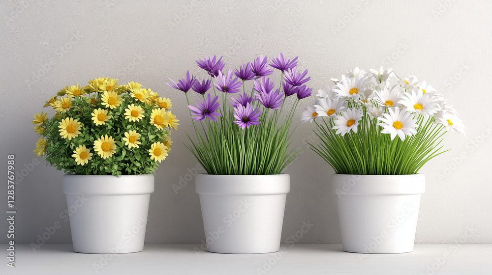 Flower in pot 3d vector set. Realistic illustration of cartoon plastic plant with blossom of daisy and crocus in white flowerpot. Home decorative floral bush in vase. House and garden vegetation Flower in pot 3d vector set. Realistic illustration of cartoon plastic plant with blossom of daisy and crocus in white flowerpot. Home decorative floral bush in vase. House and garden vegetation