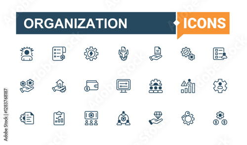 Organization modern icons set. Includes icons for project, communication, management, human, person, resources, job, leader, meeting. Web icons. Editable stroke icon collections.