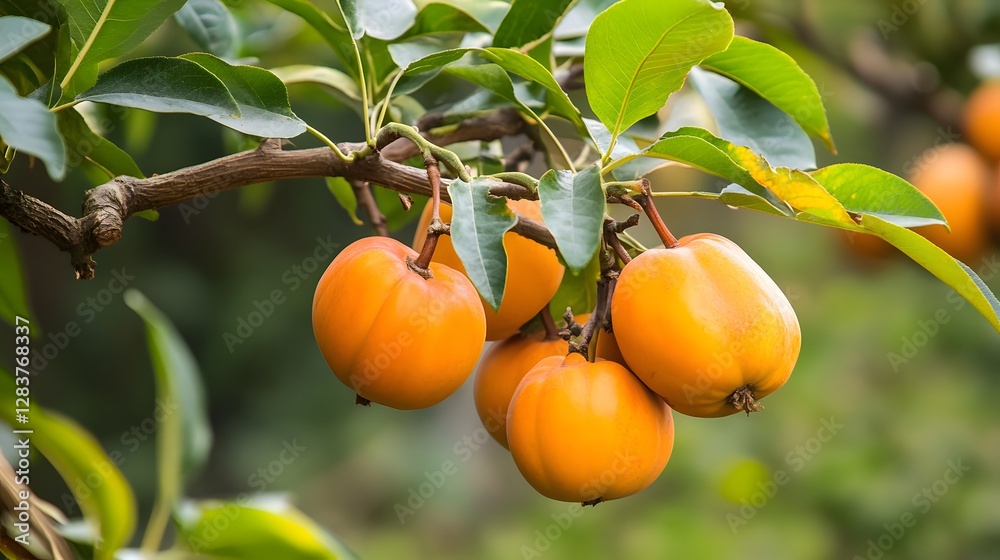 Persimmon tree with a bunch of growing mature Persimmon Persimmon tree with a bunch of growing mature Persimmon