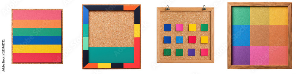Fototapeta premium Vibrant and modern abstract art composition featuring a collection of geometric shapes and patterns in a range of bold contrasting colors displayed within various framed canvases or displays
