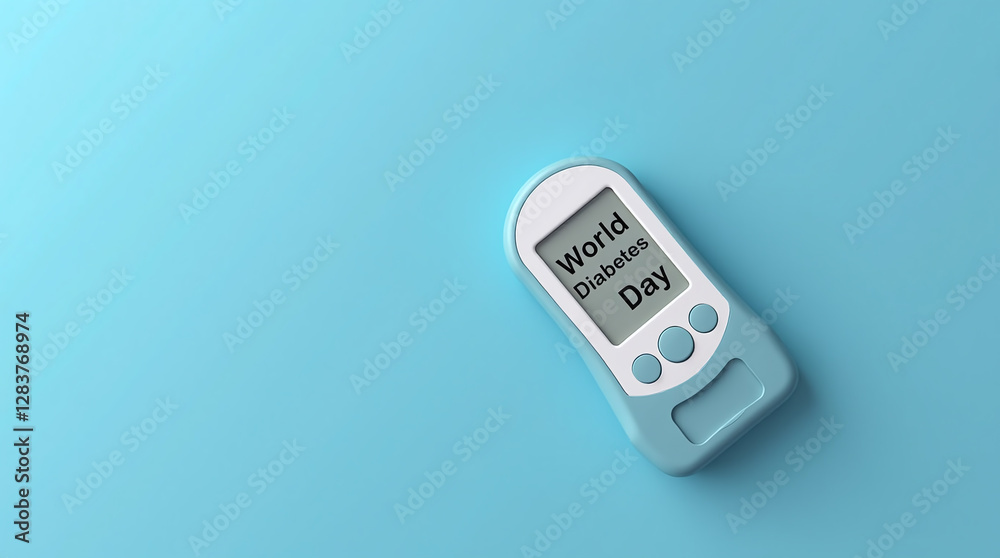 Word Diabetes Day on Display of Glucometer on Clean Blue Background with Copy Space Word Diabetes Day on Display of Glucometer on Clean Blue Background with Copy Space