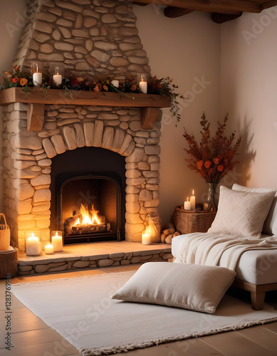Soft lighting with a rustic stone fireplace in a snug space.