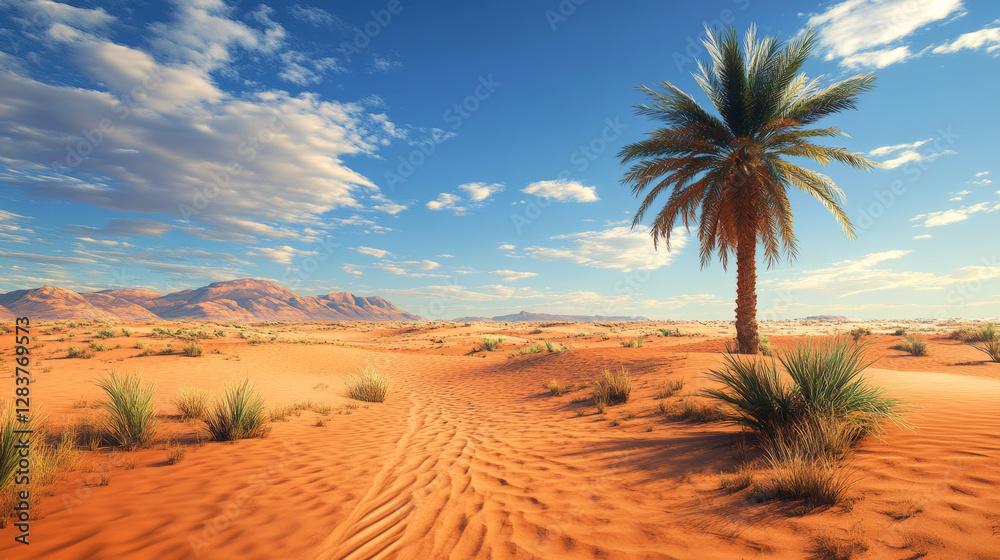 Sand desert road view palm tree landscape scene landscape background. Cartoon australian summer valley with path tropical design vector illustration. Empty straight pathway and dunes terrain picture Sand desert road view palm tree landscape scene landscape background. Cartoon australian summer valley with path tropical design vector illustration. Empty straight pathway and dunes terrain picture