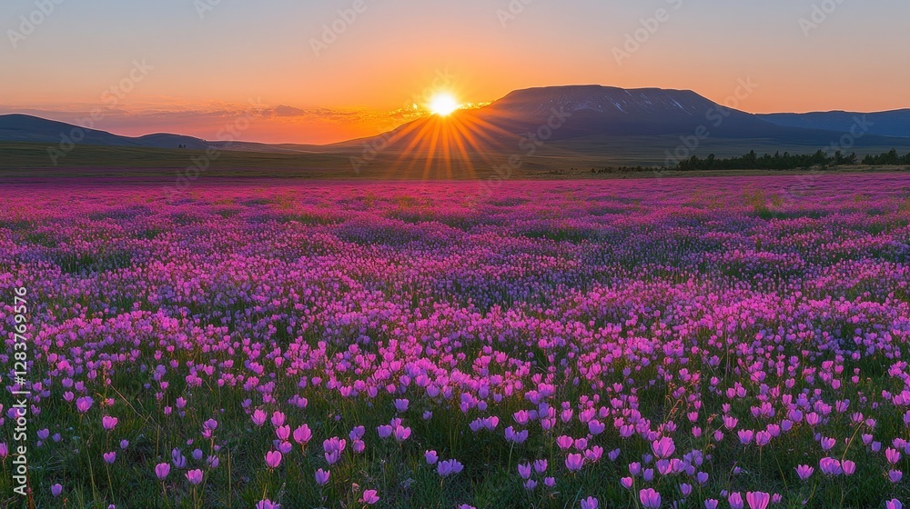 Obraz premium Sunrise over a field of wildflowers, mountains in background
