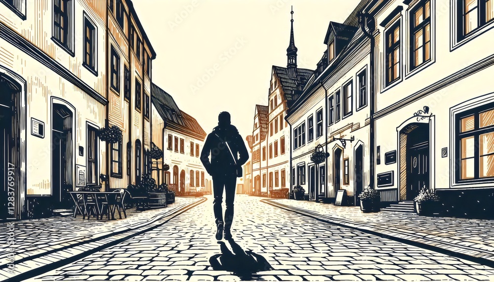 Man Walking Away on Cobblestone Street in Old Town Man Walking Away on Cobblestone Street in Old Town
