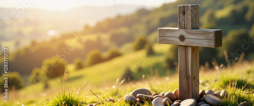 Good Friday wooden cross on grassy hillside, soft sunlight illuminating tranquil scene for reflection