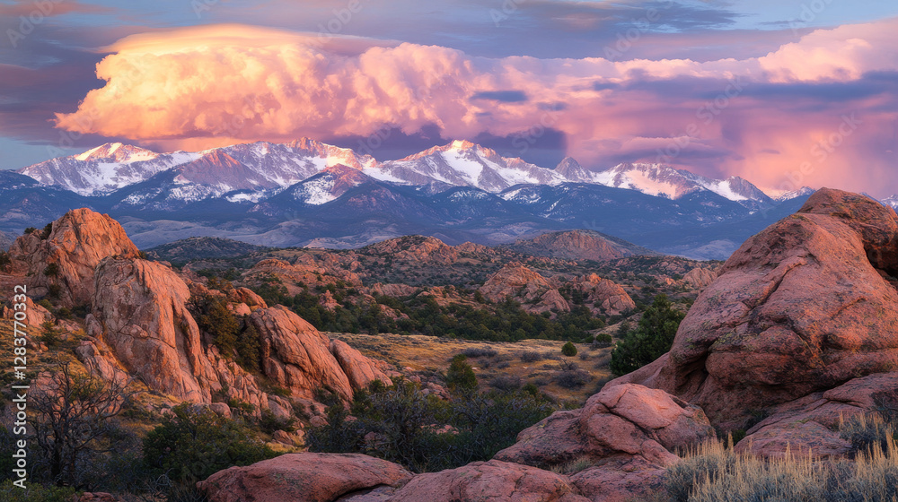 Obraz premium High mountain top landscape at sunset. Vector cartoon illustration of rock range summit scene with evening sun and peak with snow and ice above red soft clouds