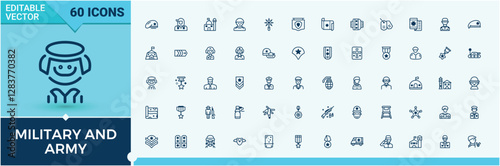 Military And Army icons. Related to artillery, war, simple, defense, elements, transport, pack, bullet. Expanded stroke. Editable vector outline and solid icons.