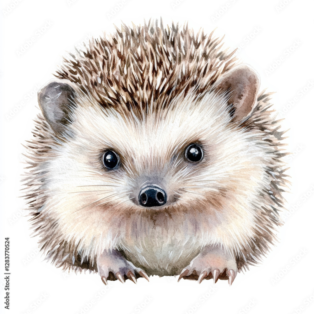 Obraz premium Watercolor baby hedgehog on white background, with realistic details, cute forest animal close-up – adorable woodland creature Illustration