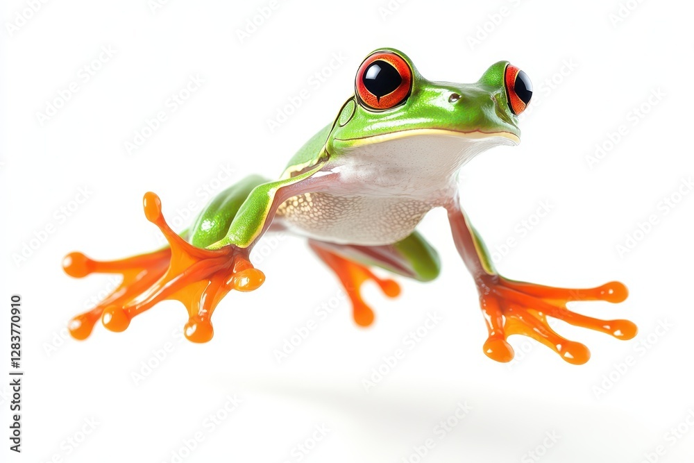 Fototapeta premium Dynamic Leap of a Green Frog: Captivating Jump in Motion Against a White Background