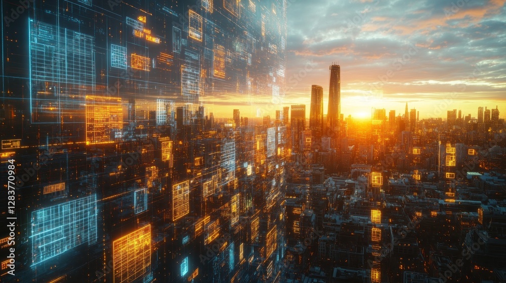 Data streams overlay a futuristic cityscape during a golden sunset Data streams overlay a futuristic cityscape during a golden sunset