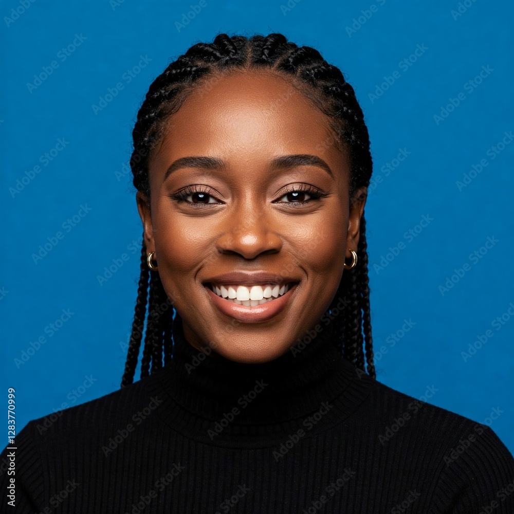 Portrait of a smiling woman in looking at camera isolated over blue background Portrait of a smiling woman in looking at camera isolated over blue background