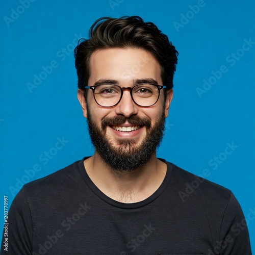 Portrait of a smiling bearded man in glasses looking at camera
