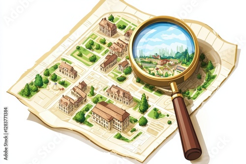Detailed Illustrated Map with Magnifying Glass and Scenery Elements